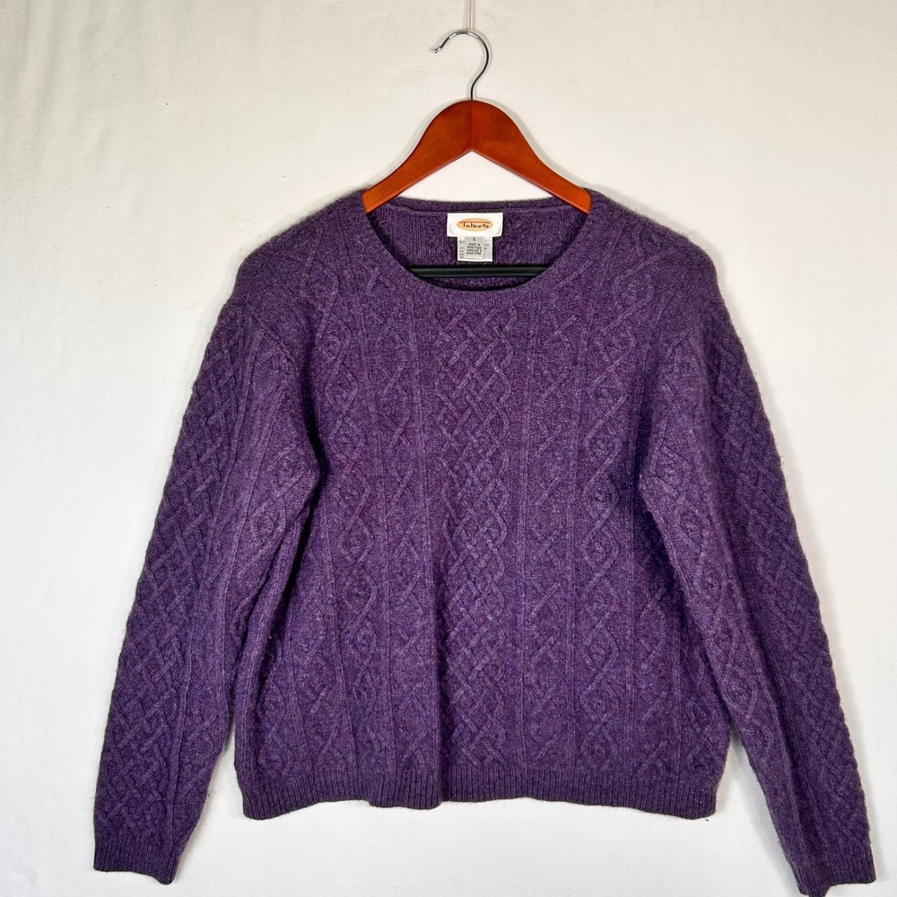 Talbots Purple Cable Knit Vintage Lambswool Blend Crew Neck Sweater Women Large